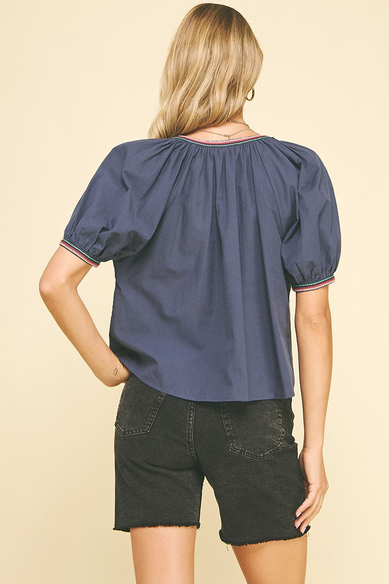 Leah Contrast Stitch Detailed Blouse Top