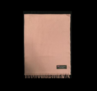 A solid light pink cashmere scarf with fringe edges and a small rectangular brand label.