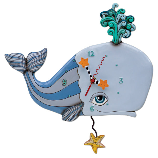 Polyresin wall clock shaped like a spouting whale with natural gray tones.