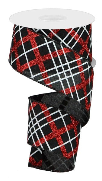 2.5-inch wide black polyester ribbon with a red glitter plaid pattern and white grid lines.