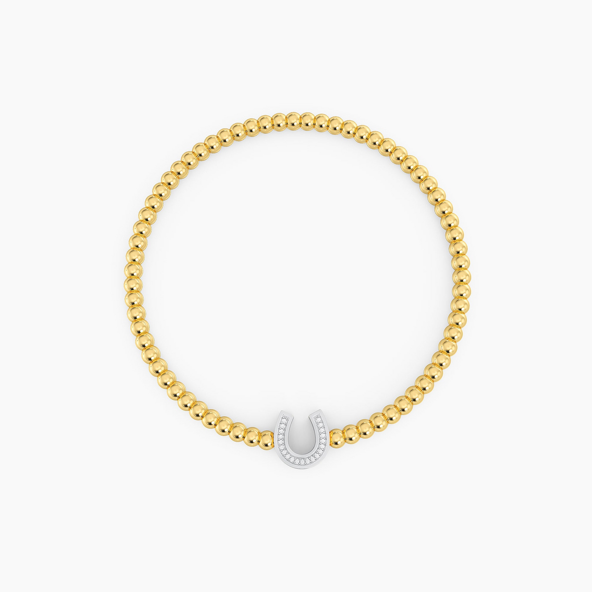 Gold beaded bracelet featuring a silver horseshoe charm set with small white diamonds.