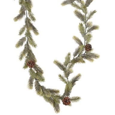 72-inch frosted angel pine garland with green needles and small brown pinecones.