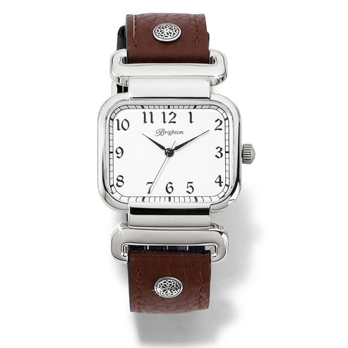 Montecito Reversible Watch with a square white face, silver-plated case, and brown leather strap.