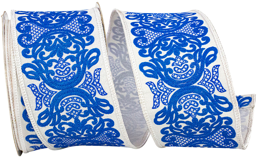 2.5 inch white wired edge ribbon with blue regal filigree chinoiserie print.