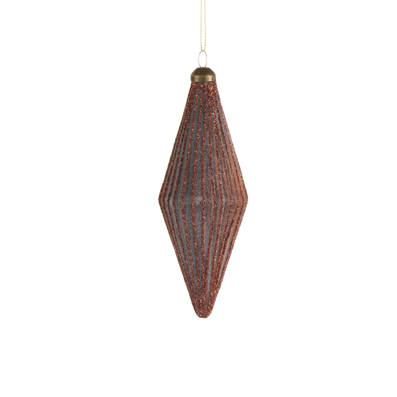 5.5-inch ribbed finial glass ornament with brown glitter stripes and a bronze cap.
