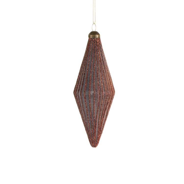 5.5-inch ribbed finial glass ornament with brown glitter stripes and a bronze cap.