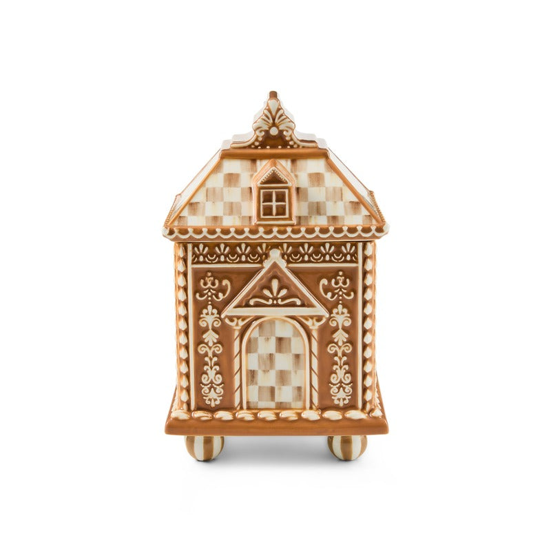 Mocha Check Gingerbread Small Canister shaped like a house with white icing-style patterns.