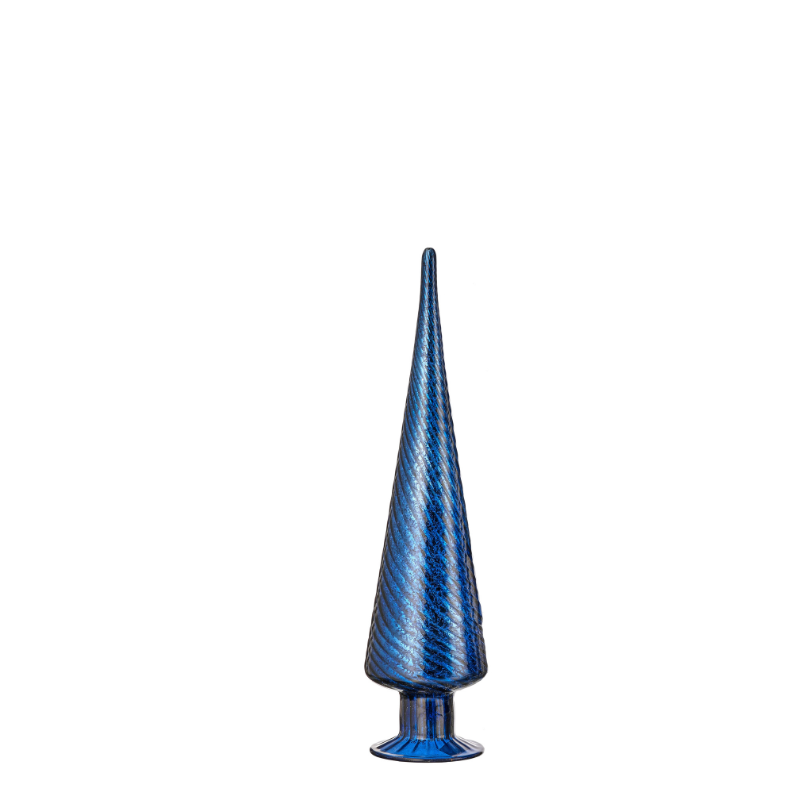 Tall, slender blue mercury glass tree with a spiral texture and a small pedestal base.