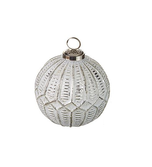 Four-inch whitewash glass ball ornament with a feather-like textured detail.