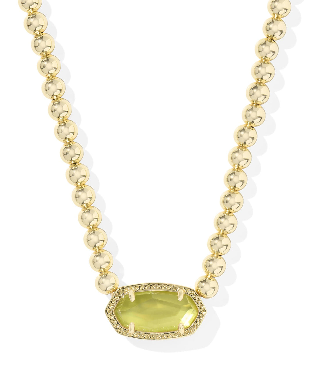 Elisa Beaded Necklace featuring a gold bead chain and a faceted yellow pendant in a gold frame.
