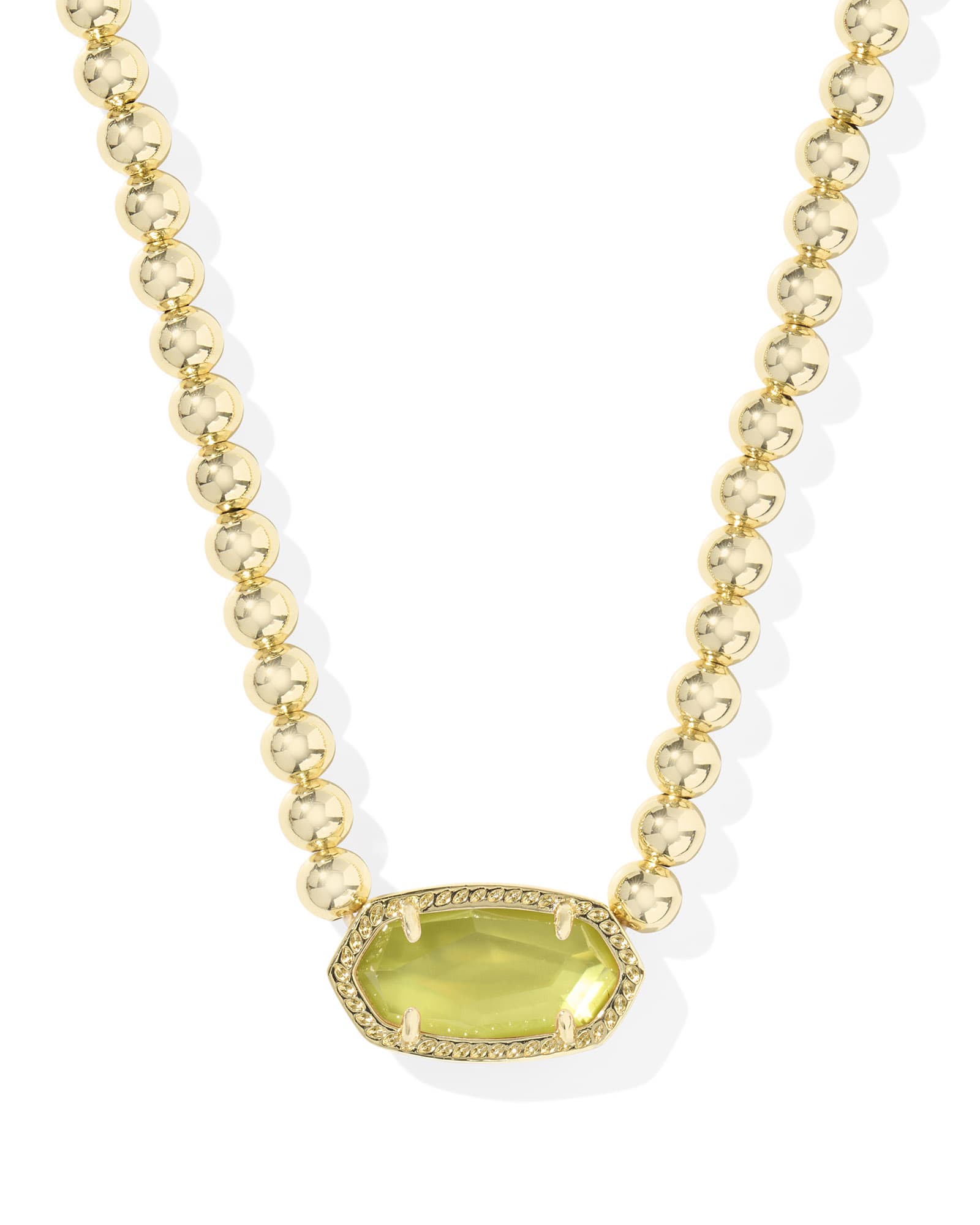 Elisa Beaded Necklace featuring a gold bead chain and a faceted yellow pendant in a gold frame.