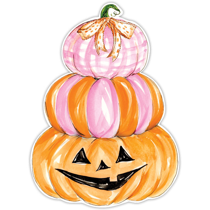 Die-cut paper placemat shaped like a stack of three pumpkins with pink and orange patterns.