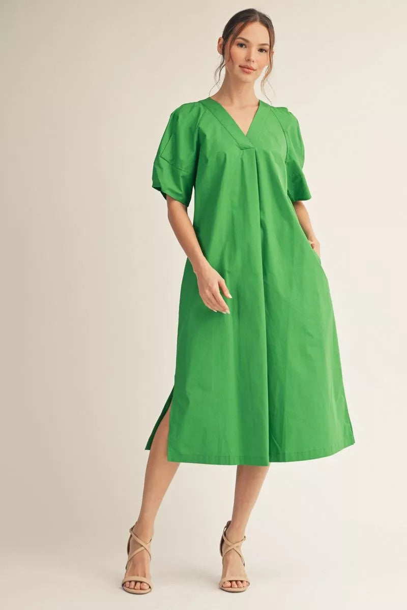Aria Short Puff Sleeves Solid Woven Midi Dress