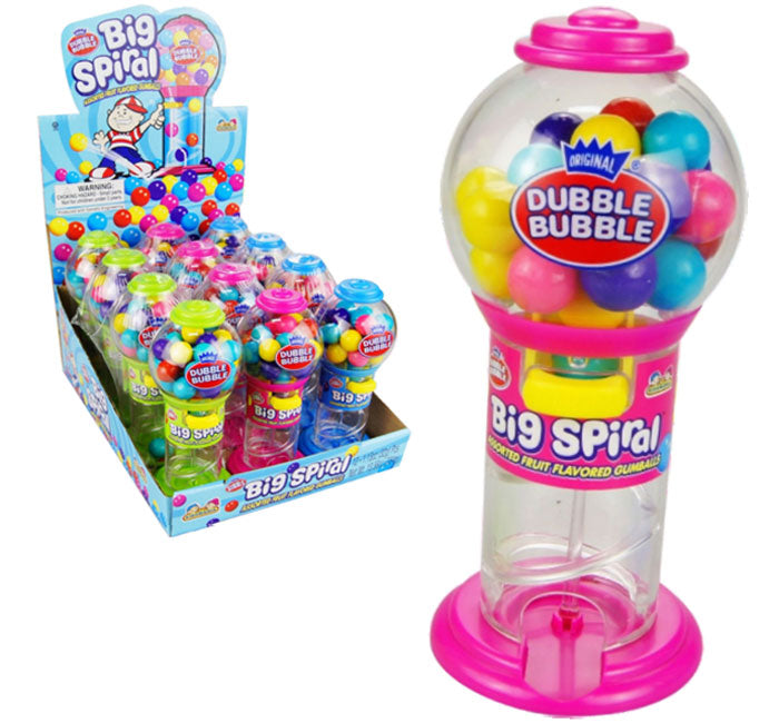 Kidsmania Dubble Bubble Big Spiral Dispenser in blue plastic with a clear bubble gum reservoir and spiral dispensing mechanism.