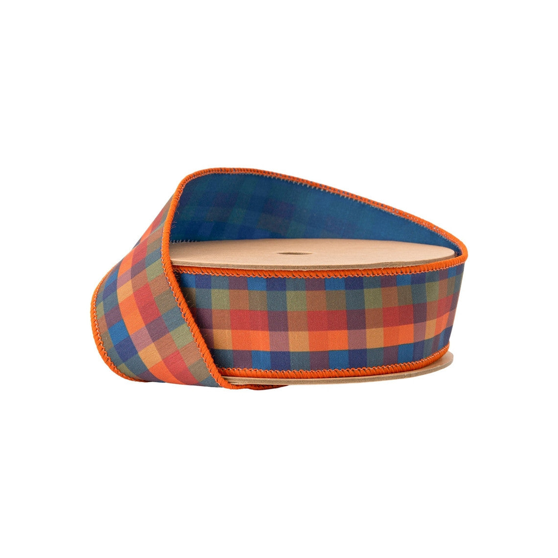 1 1/2 inch wired dupioni fall plaid ribbon in blue and orange with a solid blue backing.