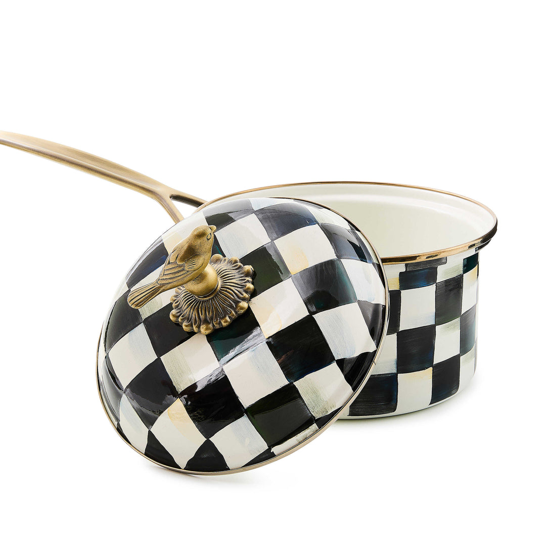 Courtly Check enamel 2.5 quart saucepan with a hand-painted black and white pattern and bird knob.