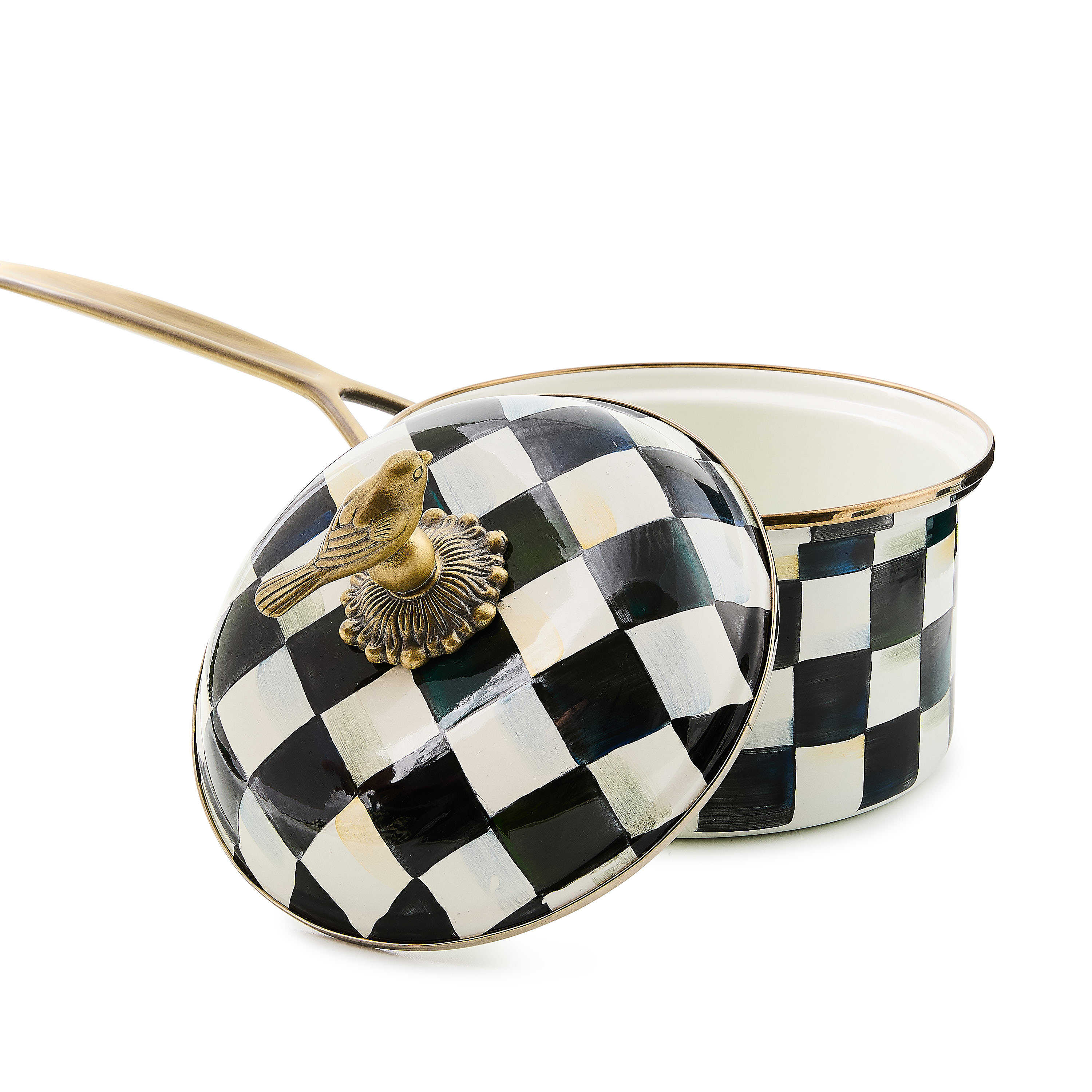 Courtly Check enamel 2.5 quart saucepan with a hand-painted black and white pattern and bird knob.