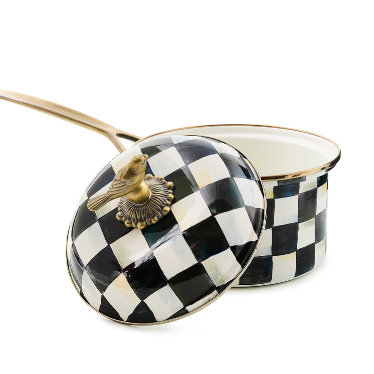 Courtly Check enamel 2.5 quart saucepan with a hand-painted black and white pattern and bird knob.