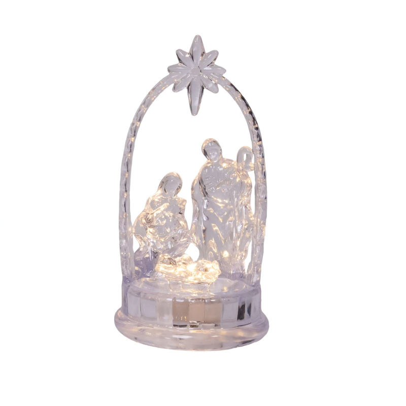4.5-inch clear acrylic nativity scene with warm white LED lights and a star-topped arch.