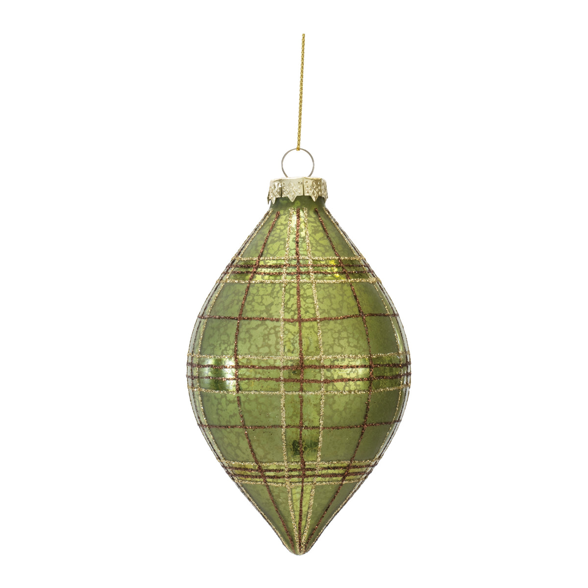 Green glass teardrop ornament with a gold and brown plaid glitter pattern.