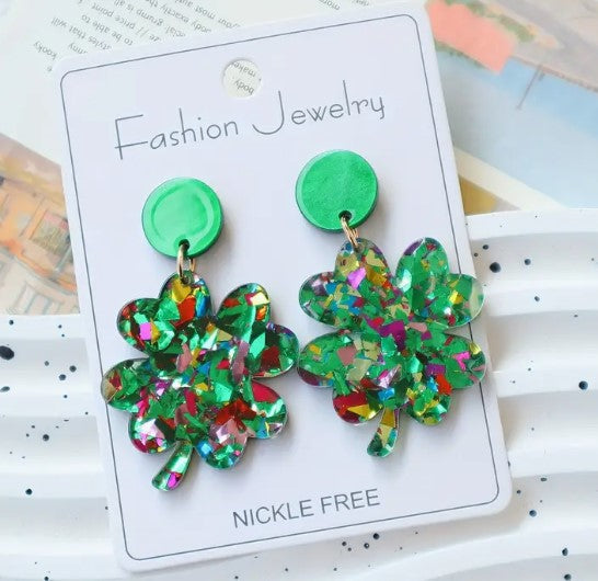 Green acrylic four-leaf clover earrings with sequin bling detailing