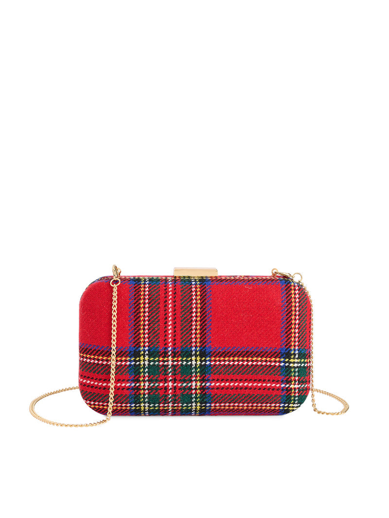 Red tartan plaid Scottie Minaudière Clutch with a gold-tone clasp and detachable chain strap.