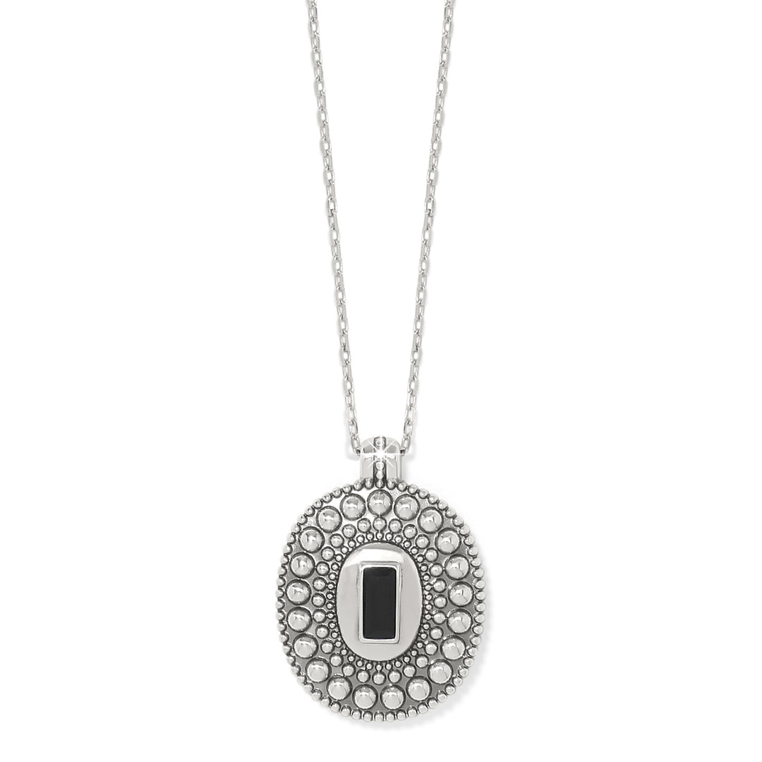 Silver plated necklace with a granulated oval pendant featuring a black rectangular stone inlay.