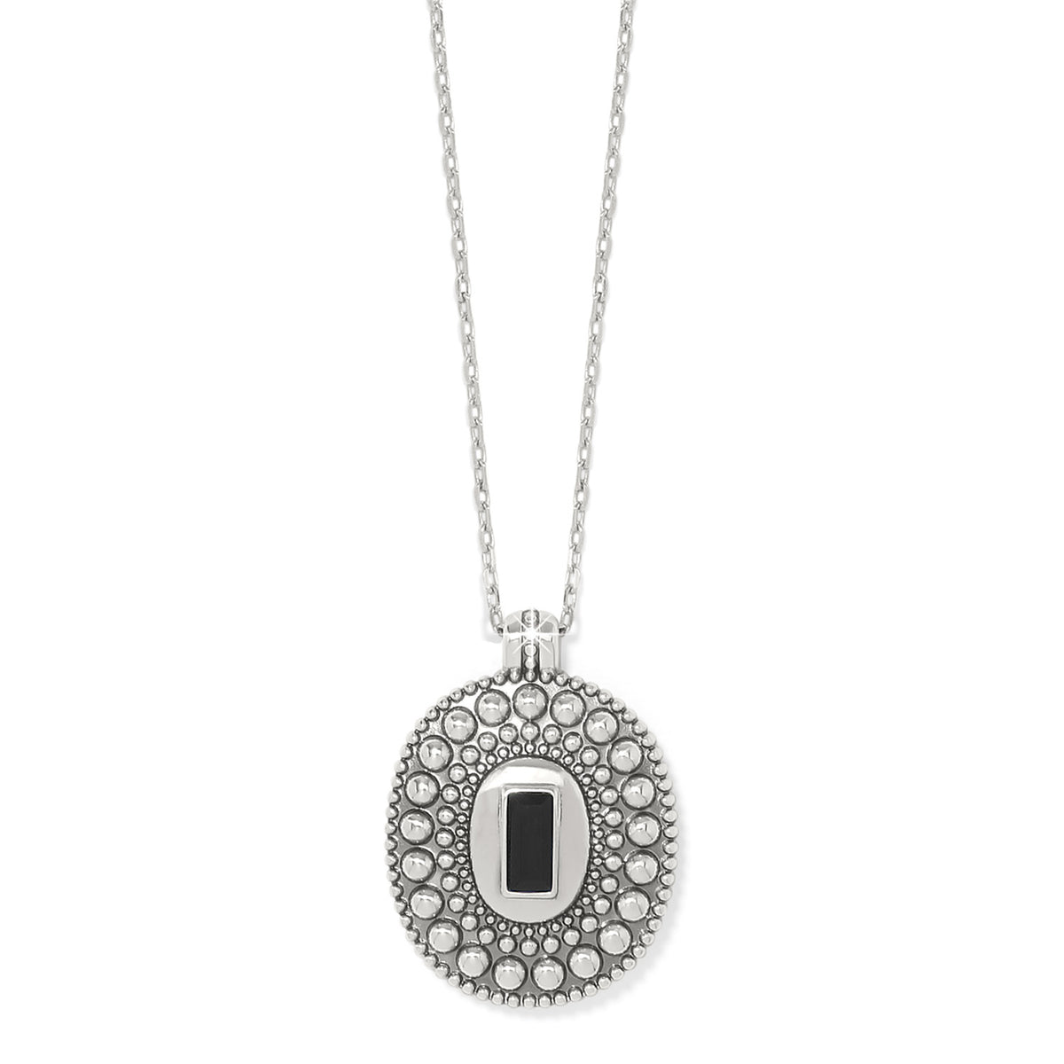 Silver plated necklace with a granulated oval pendant featuring a black rectangular stone inlay.
