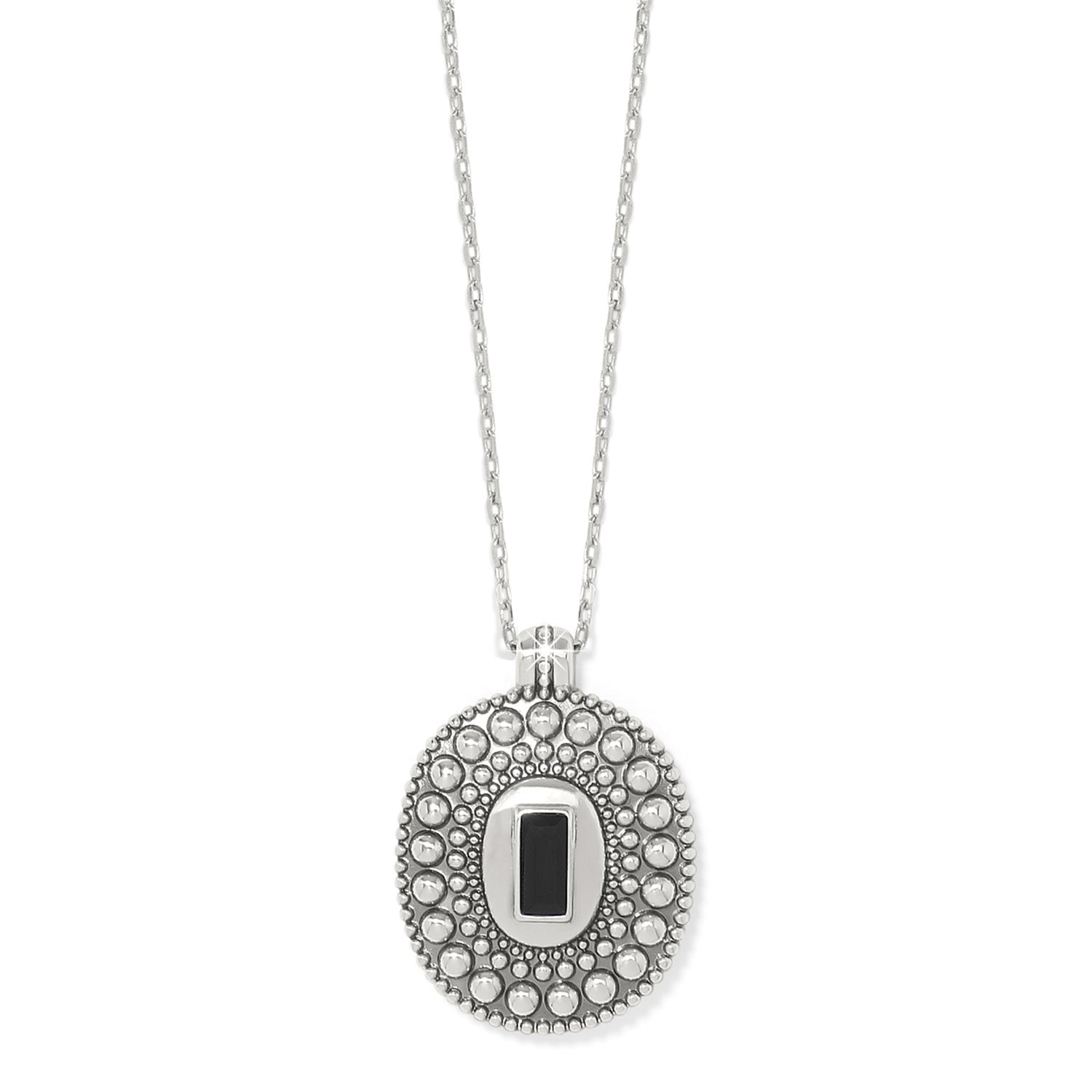 Silver plated necklace with a granulated oval pendant featuring a black rectangular stone inlay.