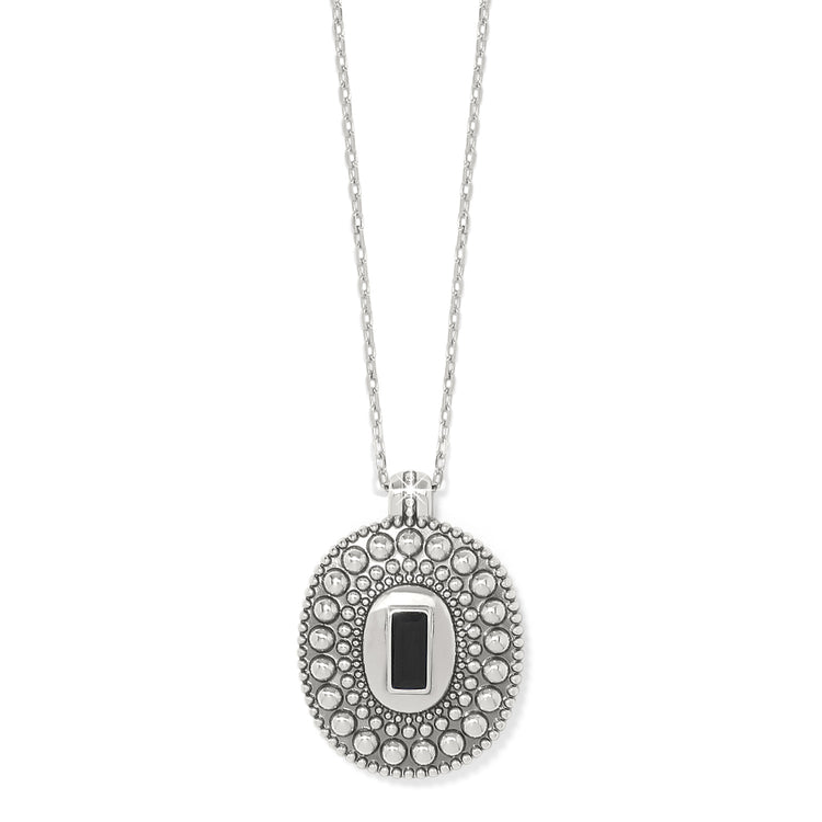 Silver plated necklace with a granulated oval pendant featuring a black rectangular stone inlay.