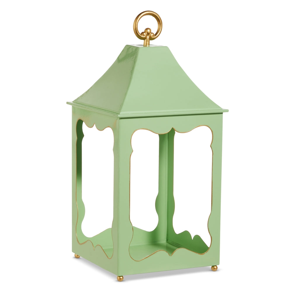 Mint green iron lantern with an open geometric frame measuring eighteen inches tall.