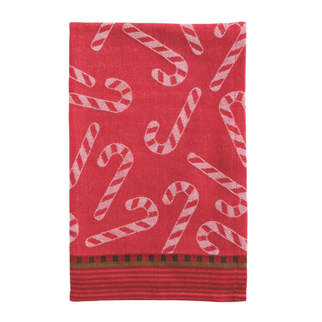 Red cotton jacquard hand towel featuring a white candy cane pattern and a striped hem.