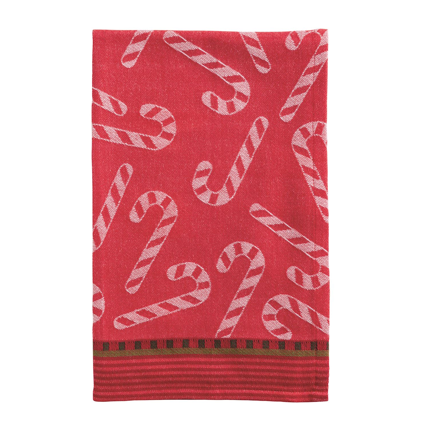 Red cotton jacquard hand towel featuring a white candy cane pattern and a striped hem.