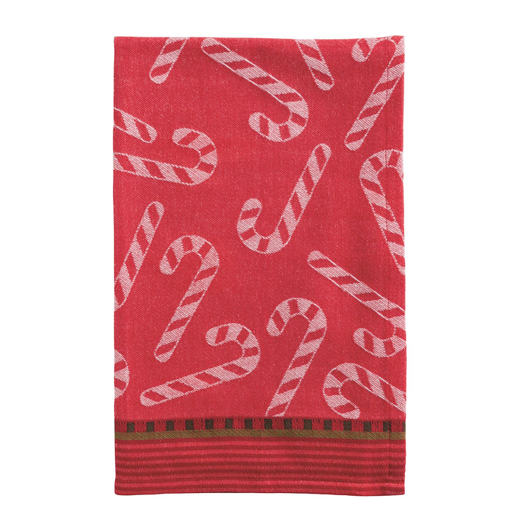 Red cotton jacquard hand towel featuring a white candy cane pattern and a striped hem.
