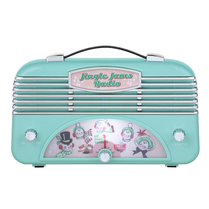 Vintage-style Jingle Jams Radio with knobs, cool white LED light, playing Christmas carols.