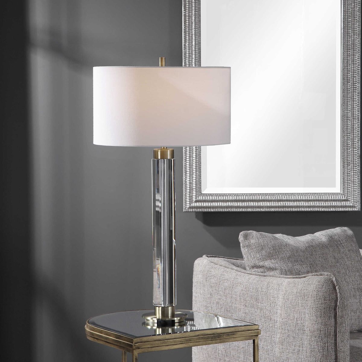 Davies table lamp with a cylindrical shade in neutral tones.