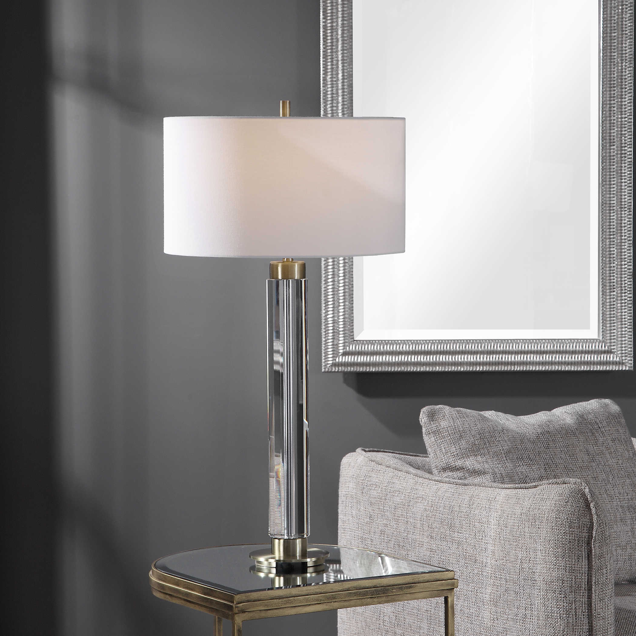 Davies table lamp with a cylindrical shade in neutral tones.