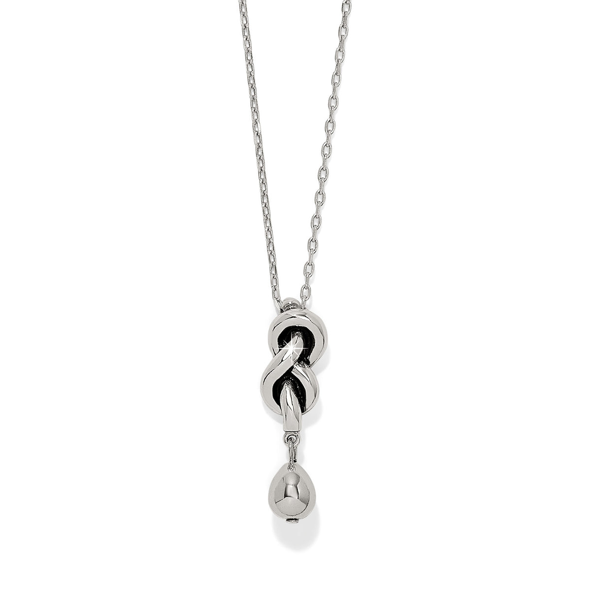 Silver plated Interlok Single Knot Drop Necklace with an adjustable chain and lobster claw closure.