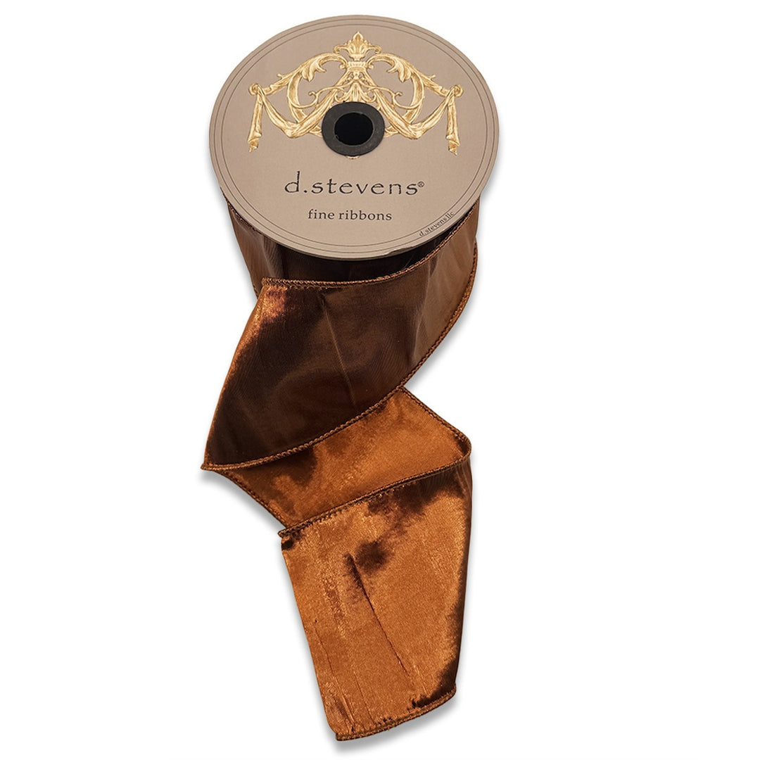 4 inch wide metallic copper dupion ribbon on a d.stevens spool.
