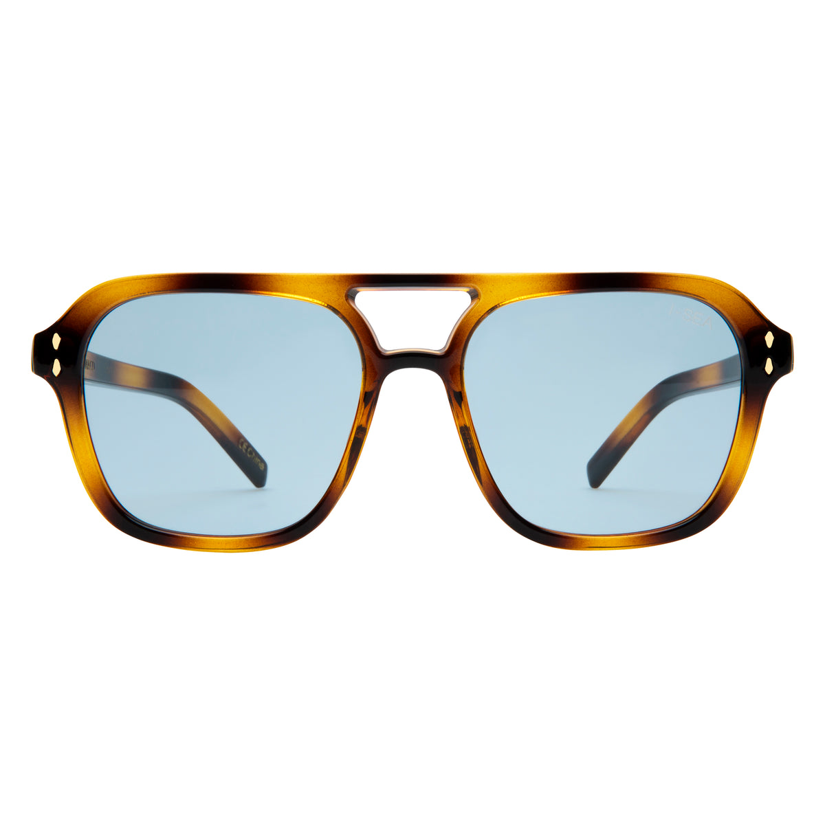 Monaco aviator-style sunglasses with tortoise shell frames and light blue polarized lenses.