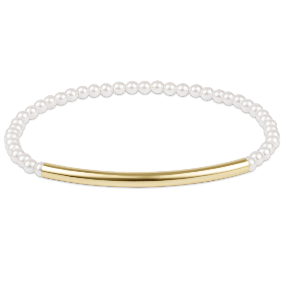 3mm crystal pearl bracelet with a smooth gold-filled bliss bar clasp on elastic band