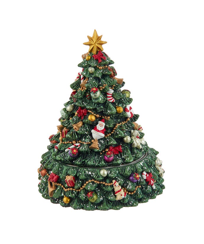 Ornate green resin Christmas tree music box decorated with a gold star, ornaments, and figurines.