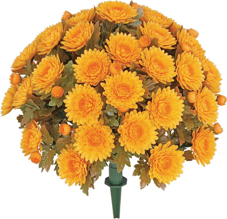 16.53-inch UV-proof orange mum bush stake with dense artificial flowers and green leaves.