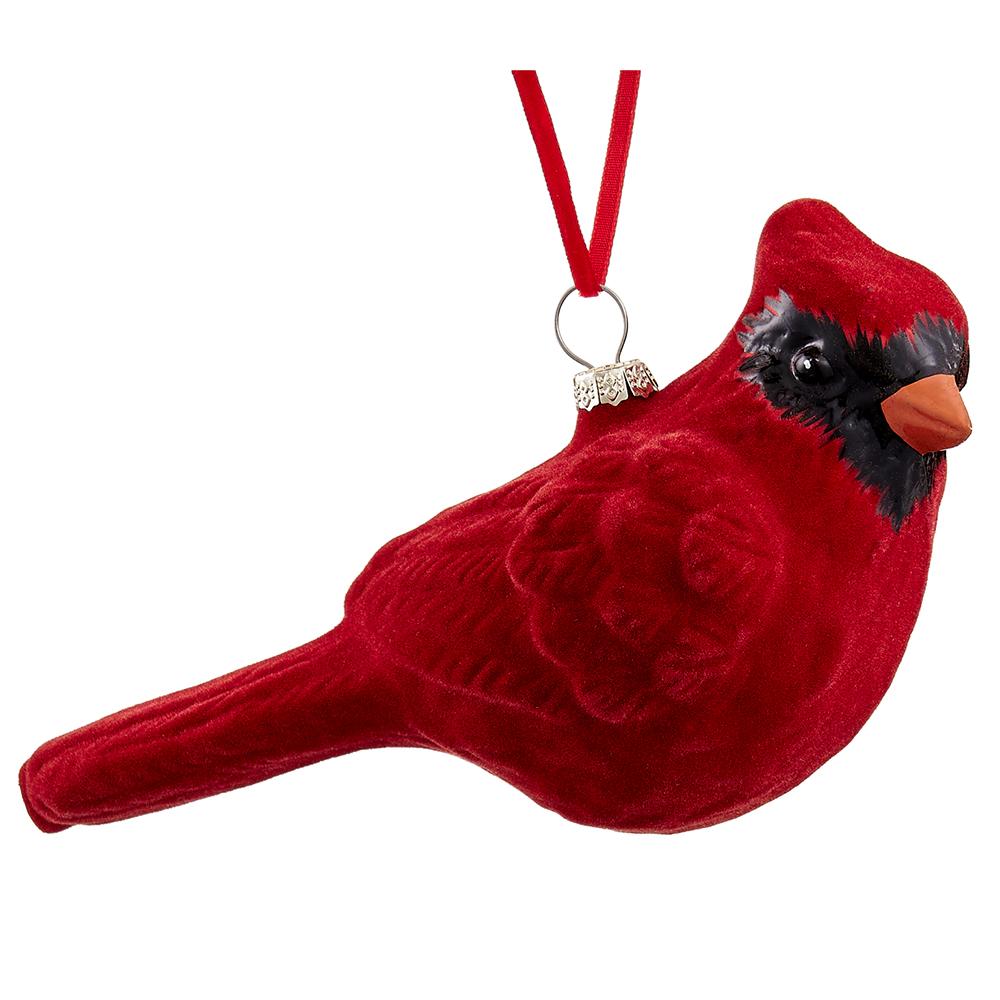 6.5-inch red glass cardinal ornament with a velvet-like texture and a red hanging ribbon.
