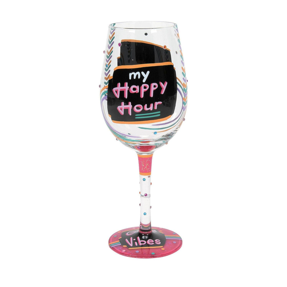 Blown glass wine glass with hand-painted colorful cocktail recipe base and glitter accents