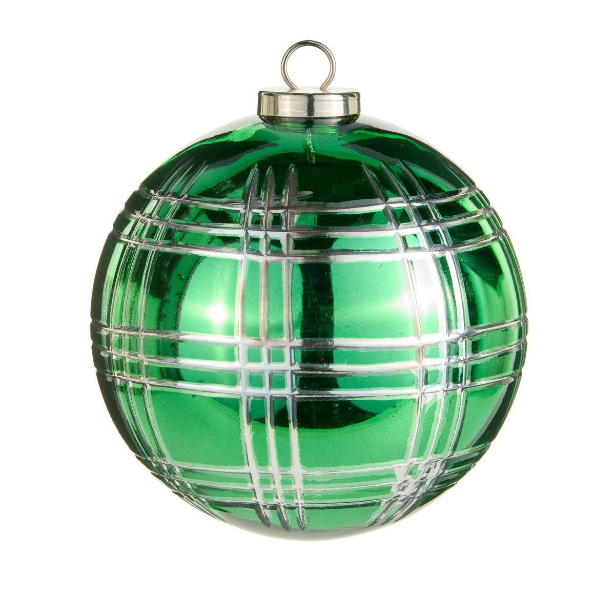 6.5-inch green glass ball ornament with etched silver plaid pattern and silver hanging loop.