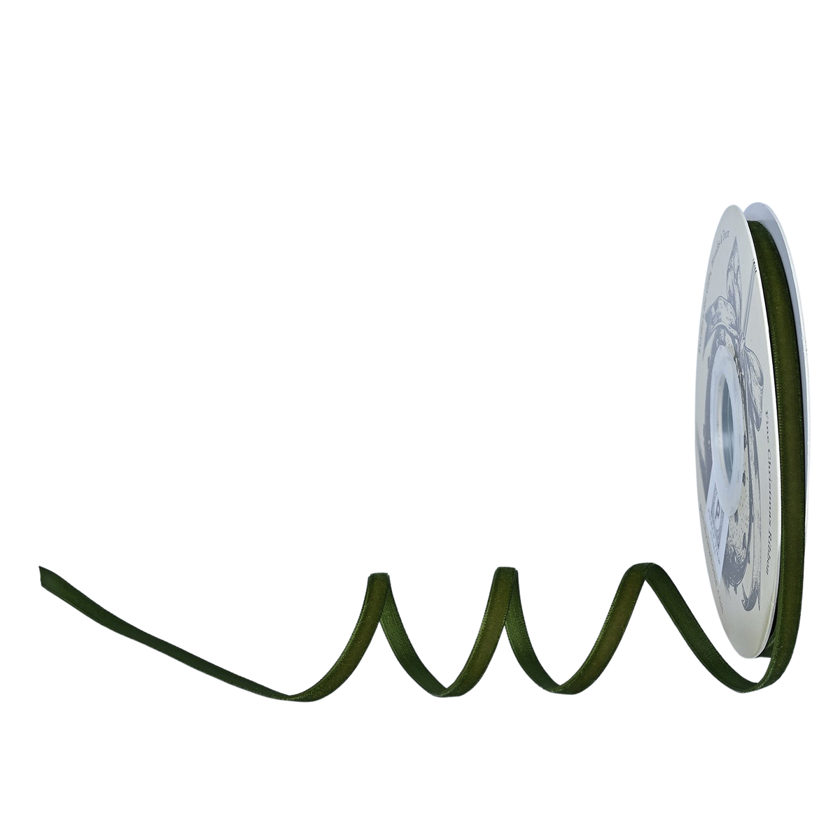 Sage green velvet finishing ribbon, 1/4 inch wide, coiled next to its white spool.