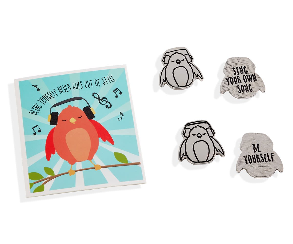 Singing bird card with headphones and music notes, plus two bird-shaped tokens: one with headphones, one with "Sing Your Own Song", and another with "Be Yourself".