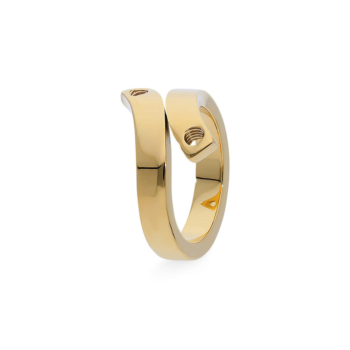 Silver Due ring with a wide top band tapering to a narrow bottom.