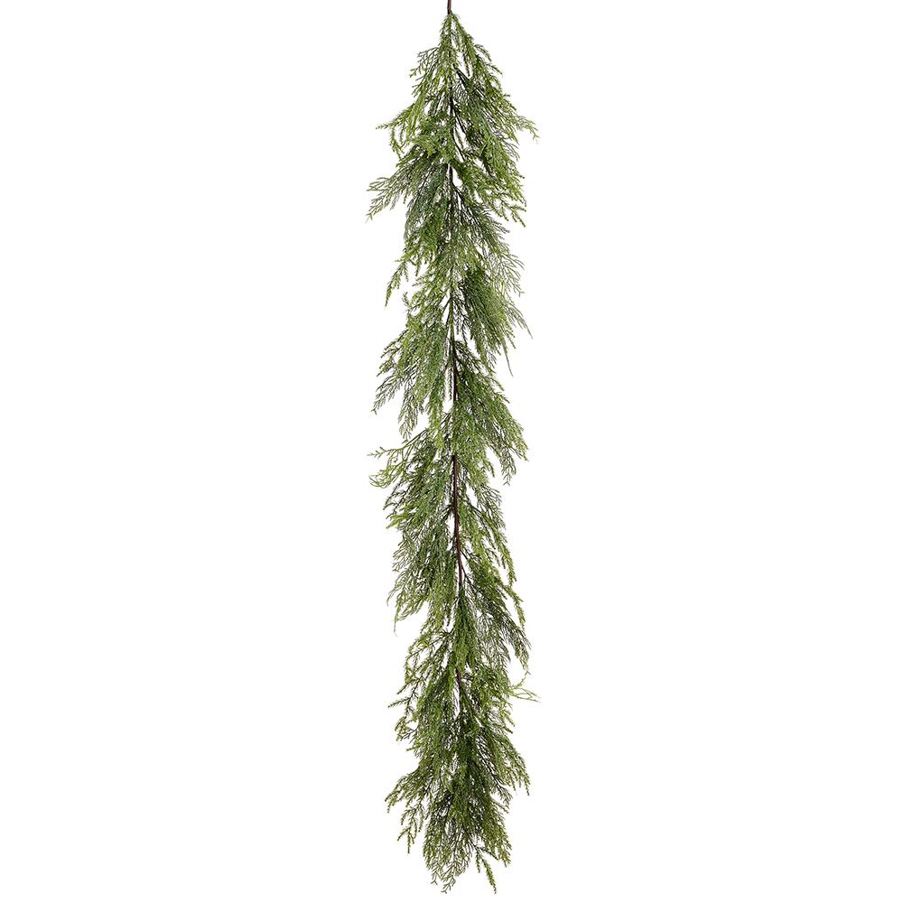 6-foot mixed cedar garland with green plastic needles, iron wire frame, and glitter accents.
